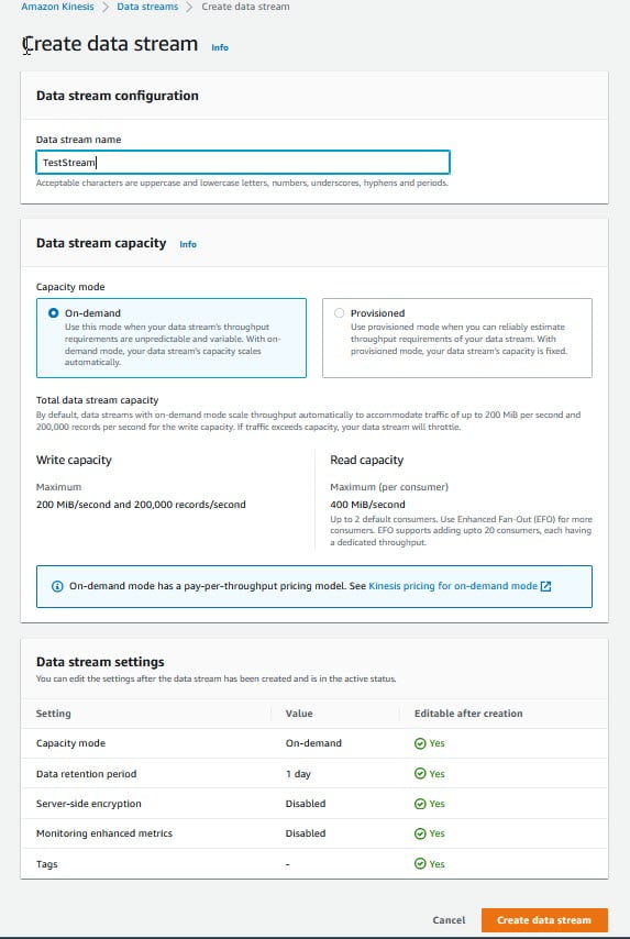 Amazon Kinesis Create Data Stream